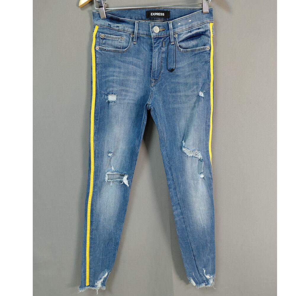 Express Ankle Legging Mid Rise Yellow Stripe Blue Jeans Women Size 4R - Picture 3 of 16